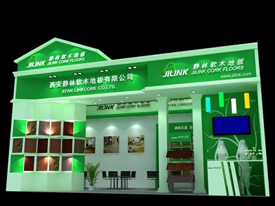 40.5平米展臺設(shè)計制作：一面開口/現(xiàn)代/木質(zhì)結(jié)構(gòu)/綠色，為建材展展商而作（免費使用）