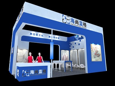 54平米展臺設(shè)計制作：三面開口/現(xiàn)代/木質(zhì)結(jié)構(gòu)/藍(lán)色，為建材展展商而作（免費使用）