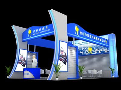54平米展臺設(shè)計制作：三面開口/現(xiàn)代/木質(zhì)結(jié)構(gòu)/藍(lán)色，為建材展展商而作（免費使用）