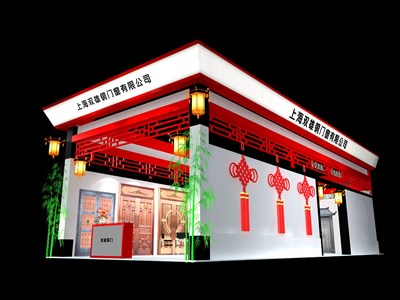 90平米展臺設(shè)計制作：二面開口/中式/木質(zhì)結(jié)構(gòu)/紅色，為建材展展商而作（免費(fèi)使用）
