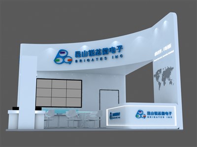 54平米展臺(tái)設(shè)計(jì)制作：三面開口/現(xiàn)代/木質(zhì)結(jié)構(gòu)/白色，為電子展展商而作（免費(fèi)使用）