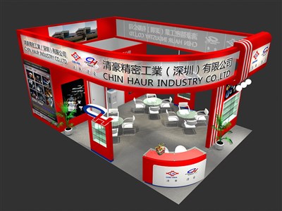 54平米展臺(tái)設(shè)計(jì)制作：三面開(kāi)口/現(xiàn)代/木質(zhì)結(jié)構(gòu)/紅色，為電子展展商而作（免費(fèi)使用）