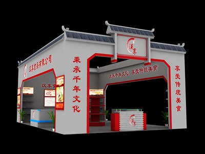 54平米展臺設(shè)計制作：三面開口/中式/木質(zhì)結(jié)構(gòu)/灰色，為食品展展商而作（免費使用）