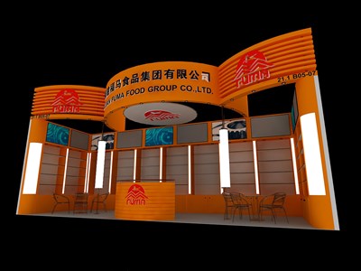 27平米展臺(tái)設(shè)計(jì)制作：一面開口/現(xiàn)代/木質(zhì)結(jié)構(gòu)/橙色，為食品展展商而作（免費(fèi)使用）