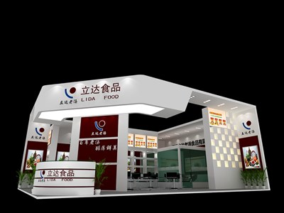 90平米展臺設(shè)計制作：二面開口/現(xiàn)代/木質(zhì)結(jié)構(gòu)/灰色，為食品展展商而作（免費使用）