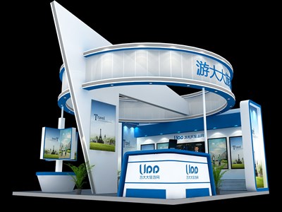 36平米展臺設(shè)計制作：三面開口/現(xiàn)代/木質(zhì)結(jié)構(gòu)/藍色，為建材展展商而作（免費使用）