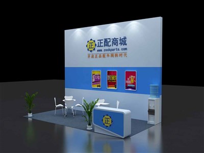 18平米展臺設計制作：二面開口/現(xiàn)代/木質結構/藍色，為汽配展展商而作（免費使用）