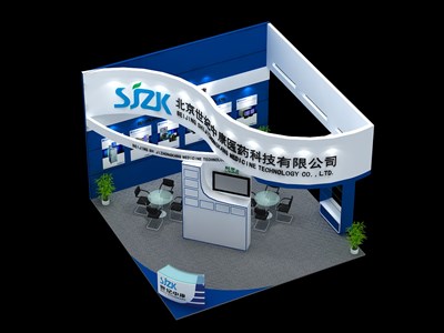 36平米展臺設(shè)計制作：三面開口/前衛(wèi)/木質(zhì)結(jié)構(gòu)/藍色，為醫(yī)藥展展商而作（免費使用）