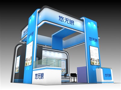 36平米展臺設(shè)計制作：三面開口/現(xiàn)代/木質(zhì)結(jié)構(gòu)/藍(lán)色，為食品展展商而作（免費(fèi)使用）