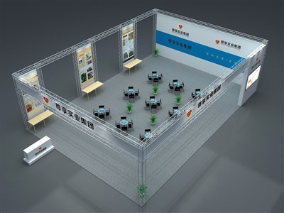 204平米展臺設(shè)計制作：三面開口/現(xiàn)代/桁架結(jié)構(gòu)/藍(lán)色，為綜合展展商而作（免費(fèi)使用）