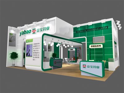 80平米展臺設計制作：三面開口/現(xiàn)代/木質(zhì)結(jié)構(gòu)/綠色，為綜合展展商而作（免費使用）