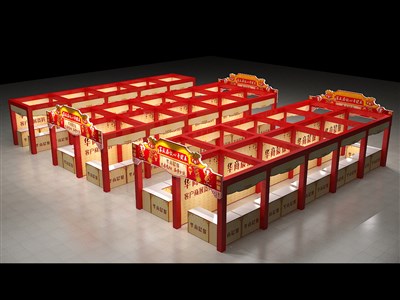 300平米展臺設(shè)計(jì)制作：四面開口/現(xiàn)代/桁架結(jié)構(gòu)/紅色，為日用品展展商而作（免費(fèi)使用）