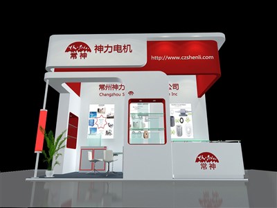 18平米展臺設(shè)計(jì)制作：三面開口/現(xiàn)代/木質(zhì)結(jié)構(gòu)/紅色，為機(jī)械展展商而作（免費(fèi)使用）