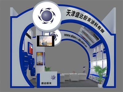 36平米展臺(tái)設(shè)計(jì)制作：二面開口/現(xiàn)代/木質(zhì)結(jié)構(gòu)/藍(lán)色，為建材展展商而作（免費(fèi)使用）