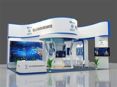 54平米展臺設計制作：三面開口/現代/木質結構/藍色，為能源展展商而作（免費使用）