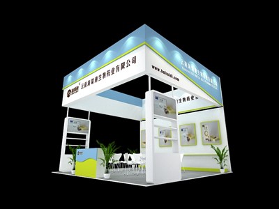 36平米展臺(tái)設(shè)計(jì)制作：三面開(kāi)口/現(xiàn)代/木質(zhì)結(jié)構(gòu)/藍(lán)色，為醫(yī)藥展展商而作（免費(fèi)使用）