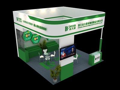 36平米展臺設計制作：三面開口/現代/木質結構/綠色，為食品展展商而作（免費使用）
